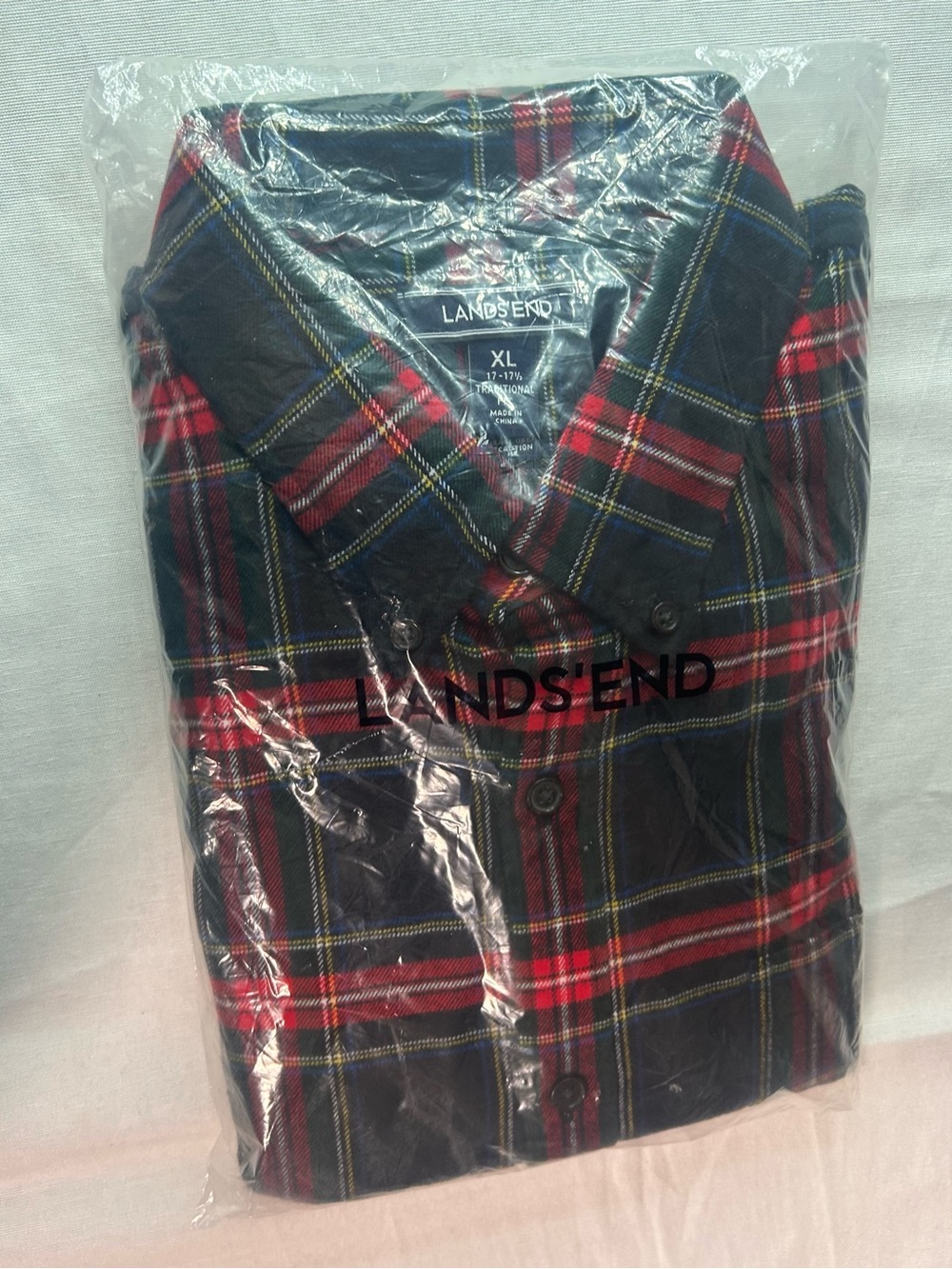 Lands' End Red and Navy Plaid Flannel Shirt